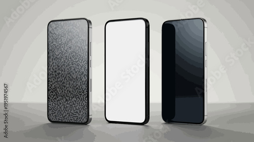 Three smartphone mockups with different screen designs.