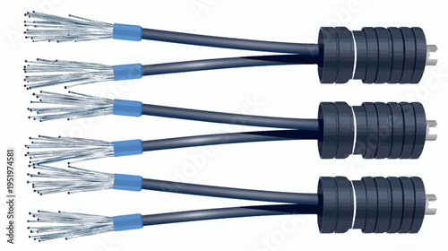 Three stylized data cables with bundled fiber ends and plug connectors on white