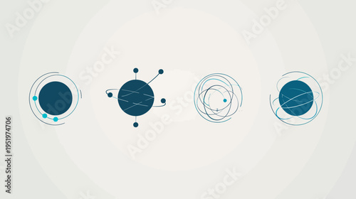 Abstract circles with orbits and connections displayed in blue hues on pale canvas