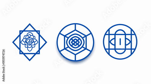 Three blue geometric designs, each enclosed in unique shapes, on white backdrop