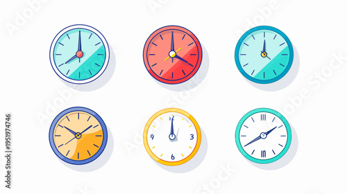 Six colorful analog clocks showing different times of day, against a white background