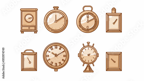 Sepia-toned clocks of various shapes and sizes line up on a white background