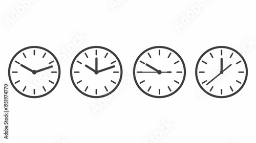 Four simple, line-art circular clocks with hands indicating different times, isolated