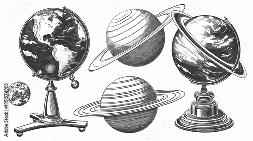 Etched image of globes with earth-like and ringed planets in monochrome shades of gray