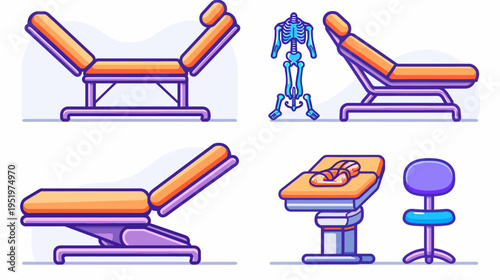 Four illustrations showing medical examination tables and a human skeleton in cartoon style
