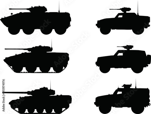Military armored vehicle silhouette set vector illustration