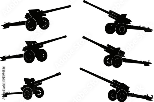 Military artillery cannon silhouette set vector illustration