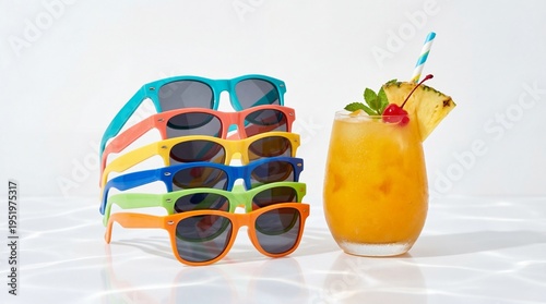 Colorful Striped Sunglasses and Refreshing Orange Fruit Cocktail for Summer