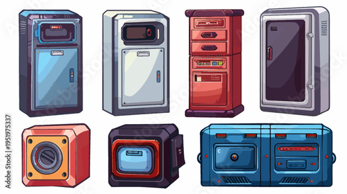 Cartoon-style illustration of colorful retro-futuristic computer devices on a white background