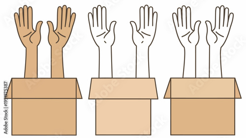 Three boxes with disembodied arms and hands extending upwards, palms facing outward