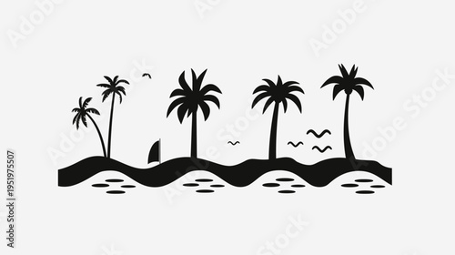 Black silhouette of tropical beach scene with palm trees, birds, and sailboat