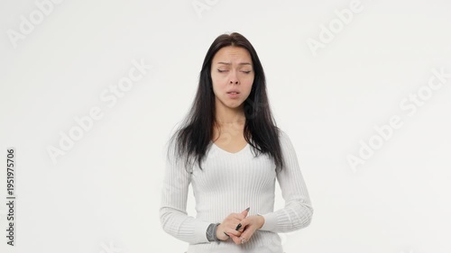 Adult young woman sadness depression tears cries white background isolated space