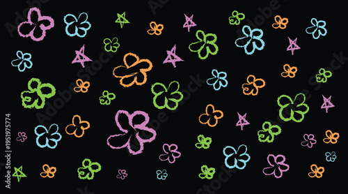 Collection of colorful neon flowers and stars on a for decorative design