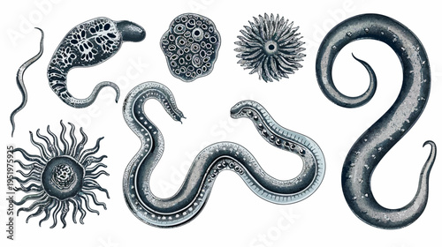 Black and white vintage-style anatomical drawings of marine creatures on a white background