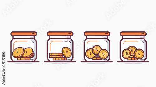 Four glass jars with orange lids, filled with varying amounts of gold dollar coins
