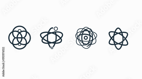 A digital rendering features four symbols, atom-like, in a horizontal row, dark blue hue
