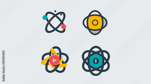 Four stylized icons depicting atoms or abstract orbital models on a light gray background