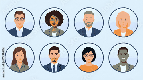 Diverse flat design avatars for corporate hr and business teams eight people