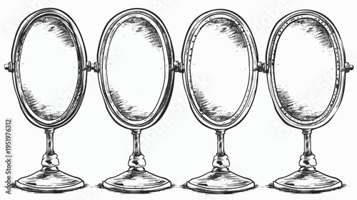 Black and white drawing of four antique oval mirrors connected and on pedestals