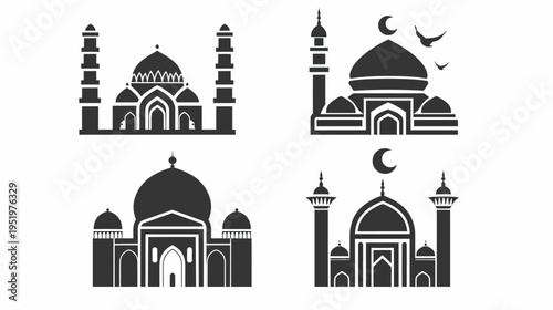 Four stylized, silhouette Islamic temple/mosque icons on a white background