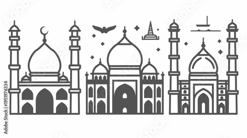 Stylized illustration depicting a group of architectural monuments in gray outline
