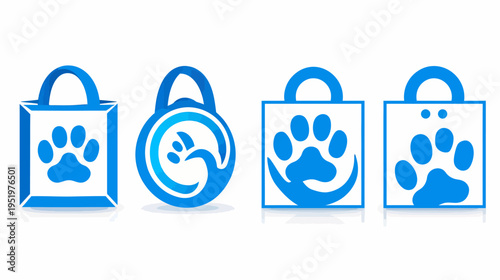 Four blue paw print icons on shopping bags in varying shapes, clean design