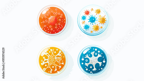 Petri dishes displaying cellular and viral cultures, with a flat, cartoonish design