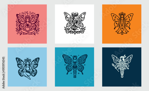 Mystical Fairy and Butterfly Goddess Vector Icon Set
