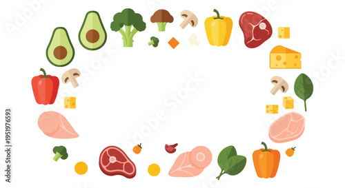 A vibrant vector illustration showcasing an oval frame composed of various healthy food ingredients like vegetables, meats, and cheese on a white background.
