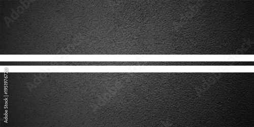 Asphalt road with white lane marking, concrete highway surface, texture. Street traffic line, road dividing strip. Pattern with grainy structure, grunge stone background. Vector illustration