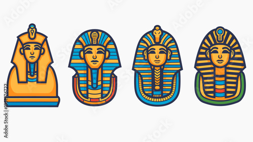 Four stylized, colorful pharaoh mask illustrations on a white background