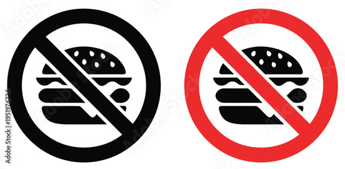 No food icon set in flat and silhouette style, featuring food prohibition symbols, indicating eating is not allowed, restricted area, and safety or hygiene warning concept vector