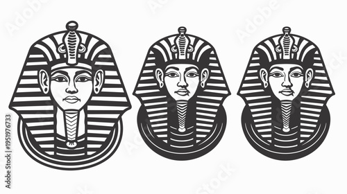 Three stylized black & white pharaoh heads wearing traditional nemes headcloths
