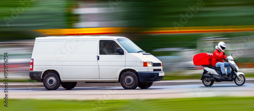 Delivery drivers on scooter and in van are on their way to the customer with their order