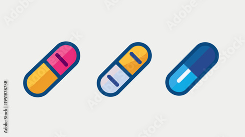 Three colorful cartoon pill capsules are side-by-side on a white background