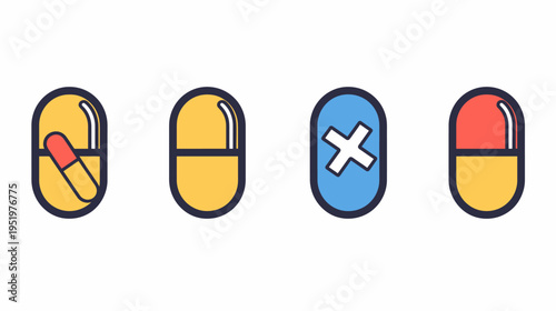 Four capsules icons of varied color, standing side by side against white background