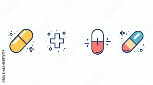 Graphic showing stylized icons for pills and medical sign on a white background