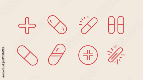 Icon set of red line art medical symbols, pills, and capsules on light beige background