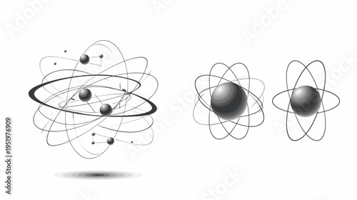 Gray-scale atom model illustration with multiple spheres and orbital paths on a white background