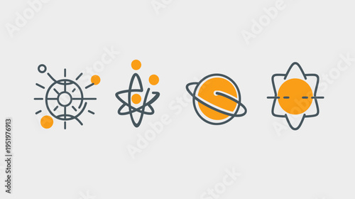 Four icons depicting science-related imagery, in orange and gray on a white background