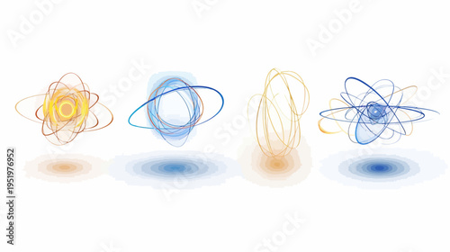 Four abstract orbs with rings, in hues of orange, blue, and gold, on a white background