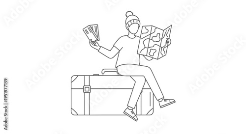 Vector illustration of a traveler with luggage and map