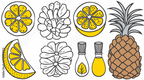Graphic style illustration showing an assortment of fruit, pinecones, and liquid filled bottles