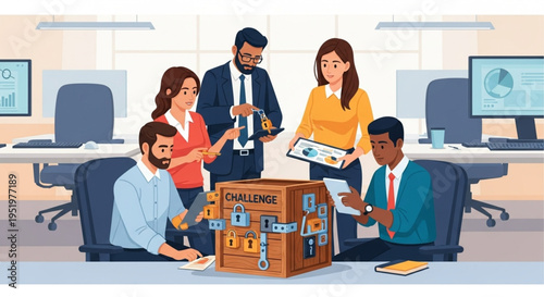 Diverse team collaborates around a ballot box for voting.