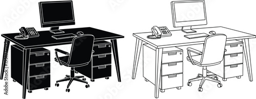 minimalist home office setup with vintage computer and cluttered desk illustration