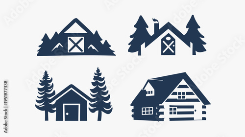 Four blue cabin icons arranged on a white background featuring evergreen trees