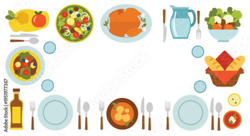 A vibrant flat-lay vector illustration of a festive meal spread with various dishes, drinks, and place settings arranged around a central white space.