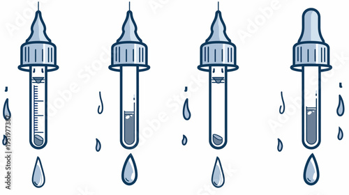 Cartoon vector illustration of four droppers with varying liquid levels and falling drops