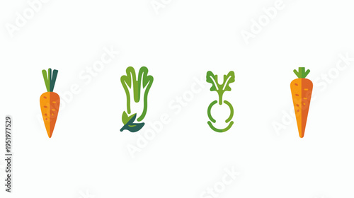 Four simple vegetable icons in a row carrots, celery, and a beet, on white