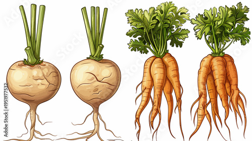 Two white turnips and two bundles of carrots with leafy green tops on a white background